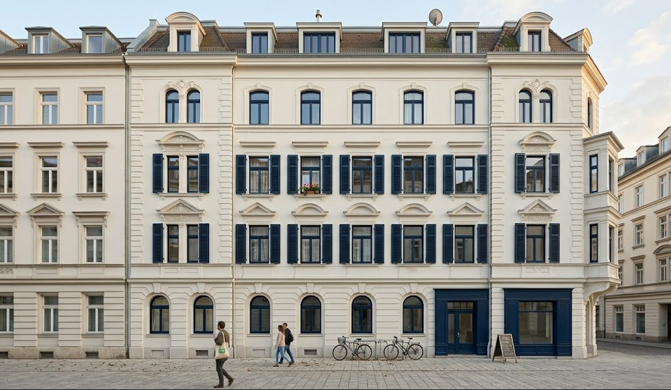 Sanierte klassizistische Fassade eines Stadthauses in Leipzig – Fassadengestaltung Malerbetrieb Papenfuß
